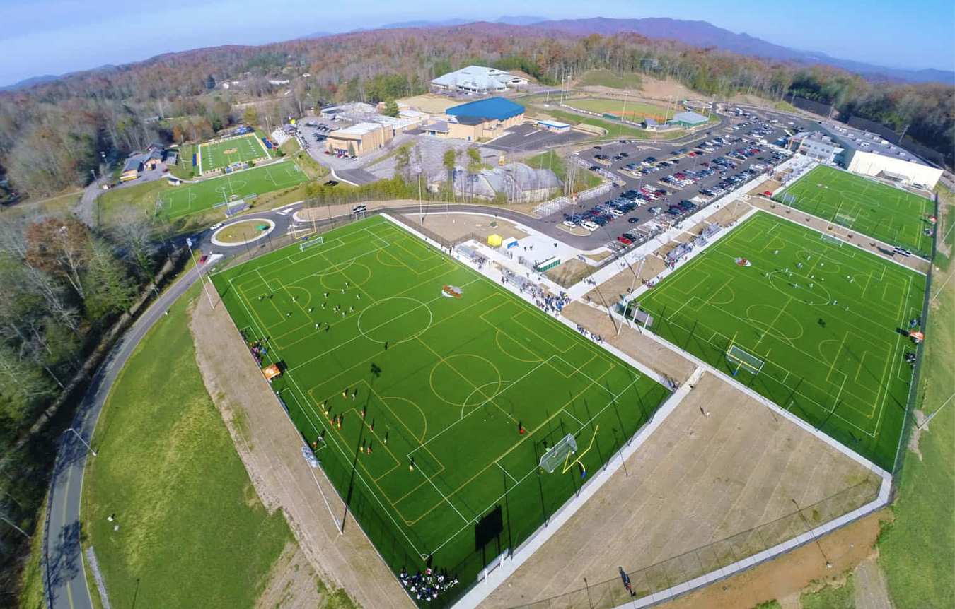 Aerial view of Rocky Top Sports World fields in Gatlinburg with Smoky Mountain views